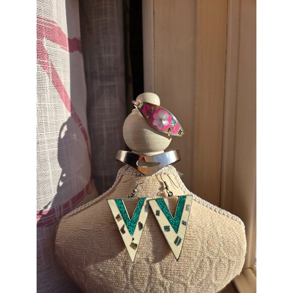 Vtg Alpaca Mexico German silver lot pink inlay MCM Bracelet & Geometric earrings - Picture 12 of 14